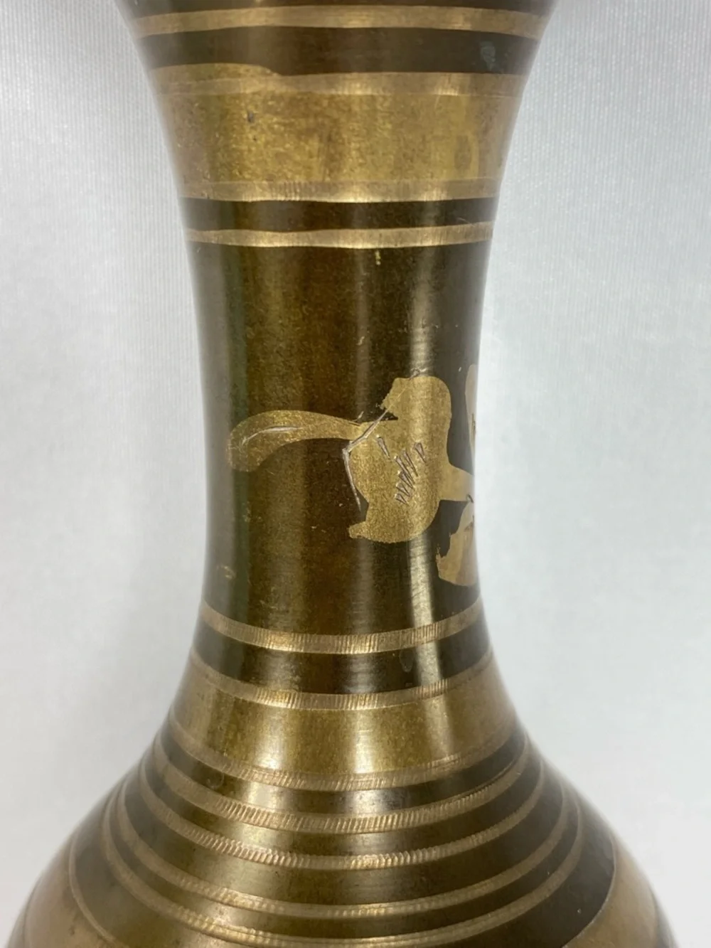 Vintage Brass Vase Etched Floral Made in India Patina Distressed 8”